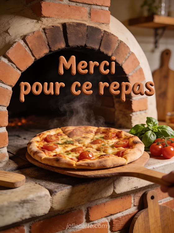 Pizza maison fumante sortant d'un four en pierre avec tomates cerises et basilic frais