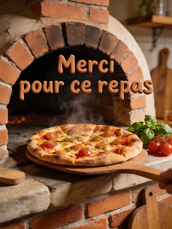 Pizza maison fumante sortant d'un four en pierre avec tomates cerises et basilic frais