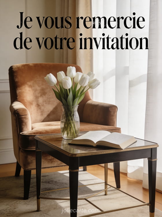 Salon raffiné avec fauteuil en velours, tulipes blanches et livre ouvert dans une lumière douce avec le texte Je vous remercie de votre invitation