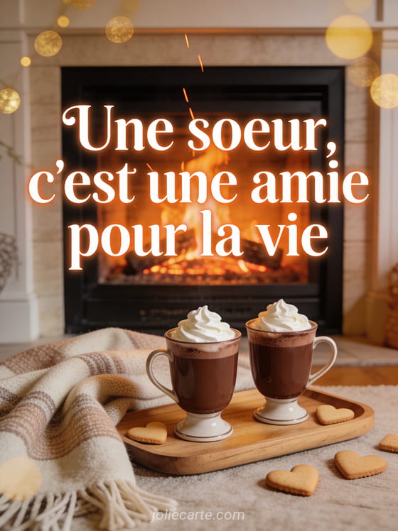 Deux tasses de chocolat chaud avec crème fouettée devant une cheminée avec plaid et biscuits coeur