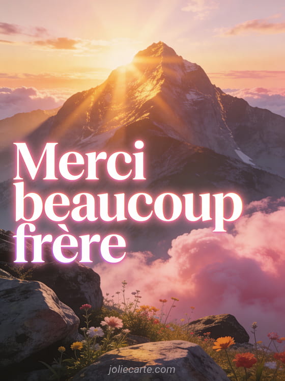 Sommet de montagne au lever du soleil avec nuages rosés, rochers et fleurs sauvages avec le texte Merci beaucoup frère en lettres blanches