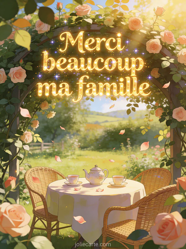 Jardin de campagne avec tonnelle de roses grimpantes et table ronde avec théière et chaises en rotin