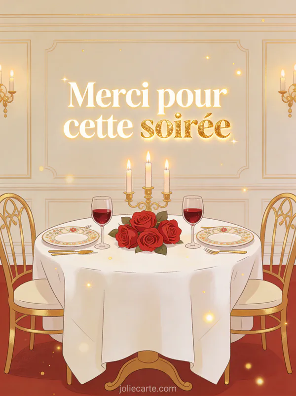 Table de dîner élégante aux chandelles avec verres de vin rouge et roses rouges dans une ambiance romantique avec le texte Merci pour cette soirée