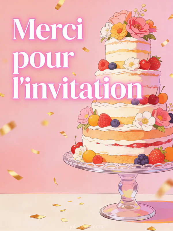 Gâteau à étages décoré de fleurs comestibles et fruits frais avec confettis dorés sur fond pastel