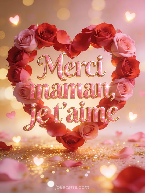 Coeur formé de pétales de roses rouges et roses avec petits coeurs lumineux et bokeh doré avec le texte Merci maman je t'aime