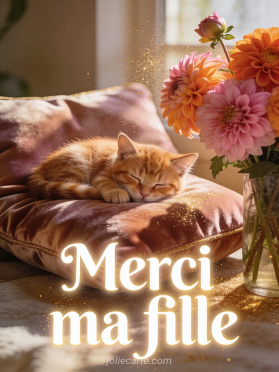 Petit chat roux endormi sur un coussin en velours près d'un bouquet de dahlias roses et orangés