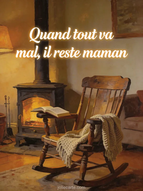 Rocking-chair en bois avec châle tricoté dans un salon chaleureux éclairé par une cheminée avec le texte Quand tout va mal il reste maman