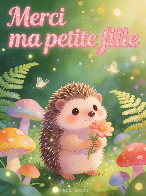 Petit hérisson tenant une fleur dans un jardin enchanté avec champignons colorés et lucioles