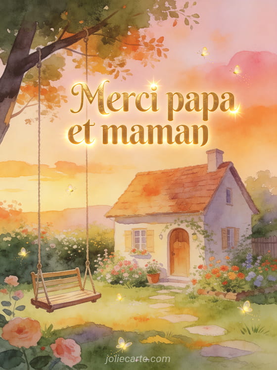 Maison de campagne avec jardin fleuri et balancelle sous un arbre dans une lumière dorée de fin de journée avec le texte Merci papa et maman