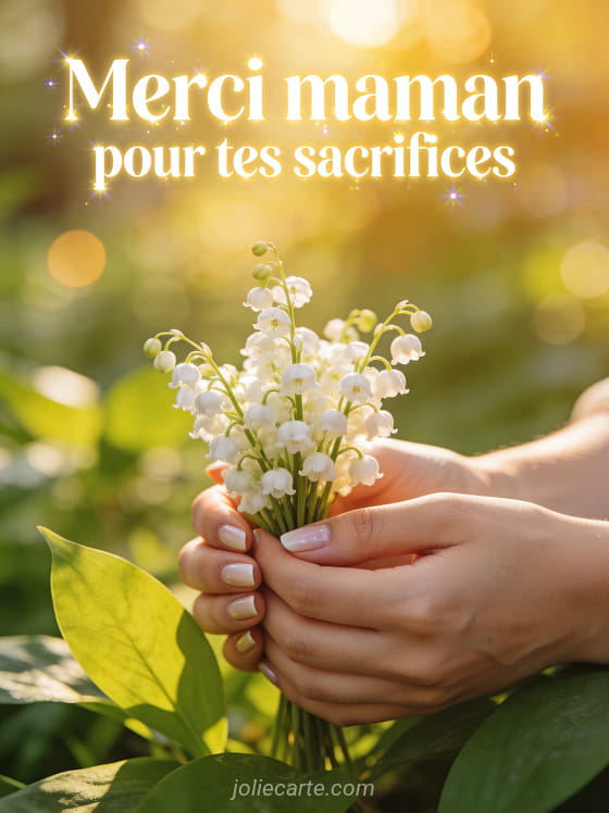 Mains tenant délicatement un petit bouquet de muguet sur un fond flou de lumière dorée et verdure avec le texte Merci maman pour tes sacrifices