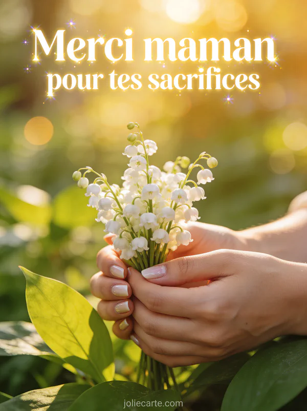 Mains tenant délicatement un petit bouquet de muguet sur un fond flou de lumière dorée et verdure avec le texte Merci maman pour tes sacrifices
