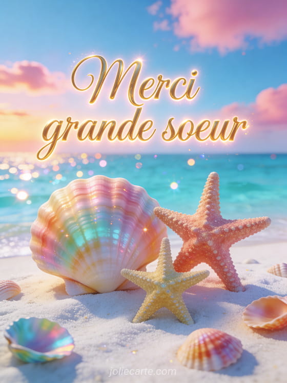 Deux étoiles de mer sur plage de sable blanc avec coquillages et mer turquoise au coucher du soleil