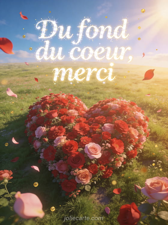 Grand coeur formé de fleurs rouges et roses vu d'en haut dans un champ vert avec pétales qui s'envolent