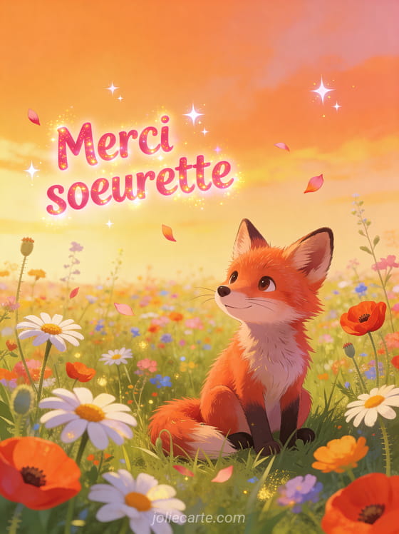 Petit renard roux assis dans un champ de fleurs sauvages avec marguerites et coquelicots au coucher du soleil