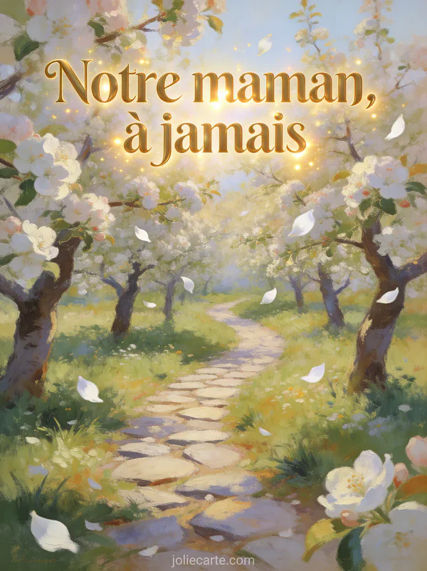 Verger de pommiers en fleurs avec pétales blancs dans une lumière printanière dorée et le texte Notre maman à jamais