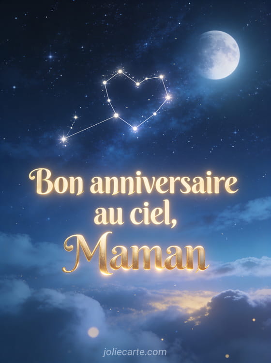 Ciel nocturne étoilé avec une constellation en forme de coeur et le texte Bon anniversaire au ciel Maman en lettres dorées