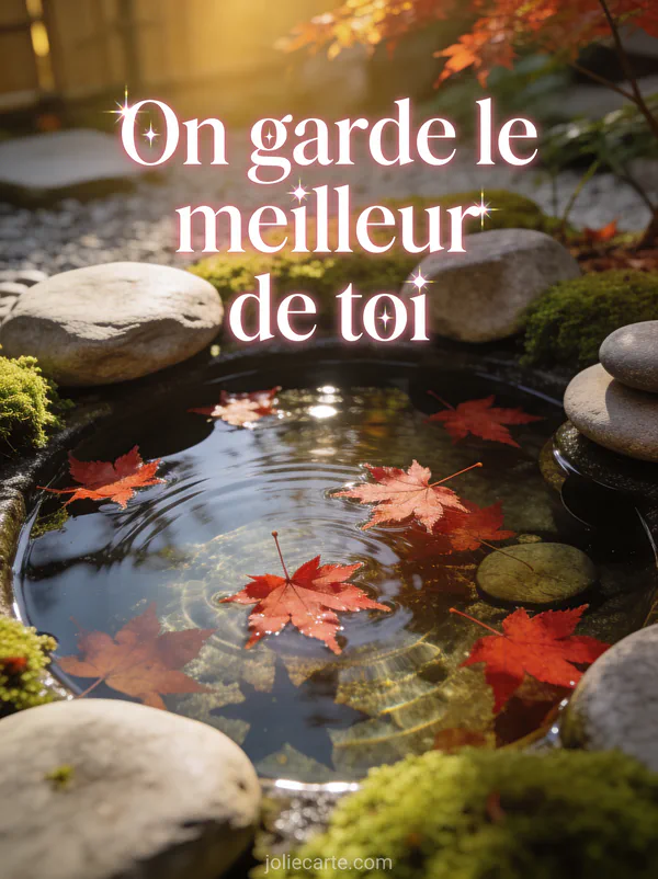 Jardin zen avec bassin d'eau claire et feuilles d'érable rouge flottantes dans une lumière dorée filtrée et le texte On garde le meilleur de toi