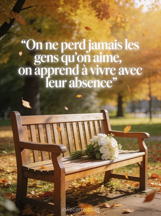 Banc en bois dans un parc automnal baigné de lumière dorée avec un bouquet de fleurs blanches et des feuilles qui tombent