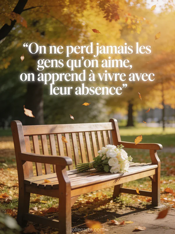 Banc en bois dans un parc automnal baigné de lumière dorée avec un bouquet de fleurs blanches et des feuilles qui tombent