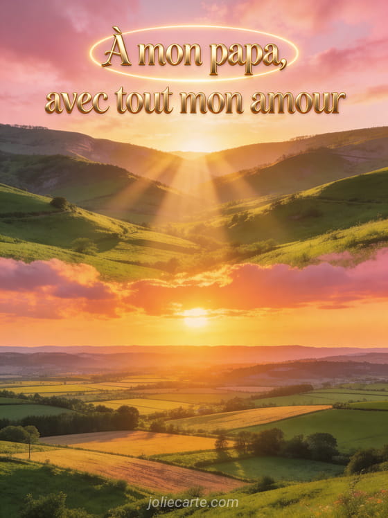 Coucher de soleil flamboyant sur une vallée verdoyante avec rayons de soleil entre les collines et le texte À mon papa avec tout mon amour