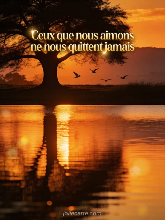 Coucher de soleil orangé se reflétant sur un lac calme avec un arbre majestueux en silhouette et des oiseaux qui s'envolent