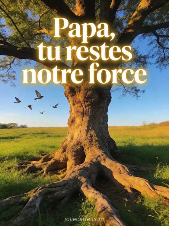 Vieil arbre majestueux aux racines puissantes dans un champ vert avec oiseaux s'envolant vers le ciel bleu et le texte Papa tu restes notre force