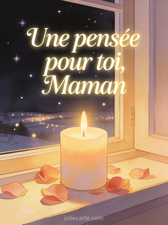 Bougie allumée sur un rebord de fenêtre avec des pétales de rose et un paysage étoilé visible par la fenêtre