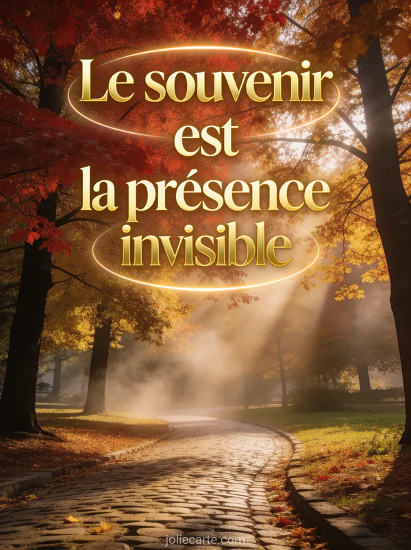 Chemin pavé dans un parc d'automne avec arbres aux feuilles rouges et dorées et brouillard léger traversé de rayons de soleil