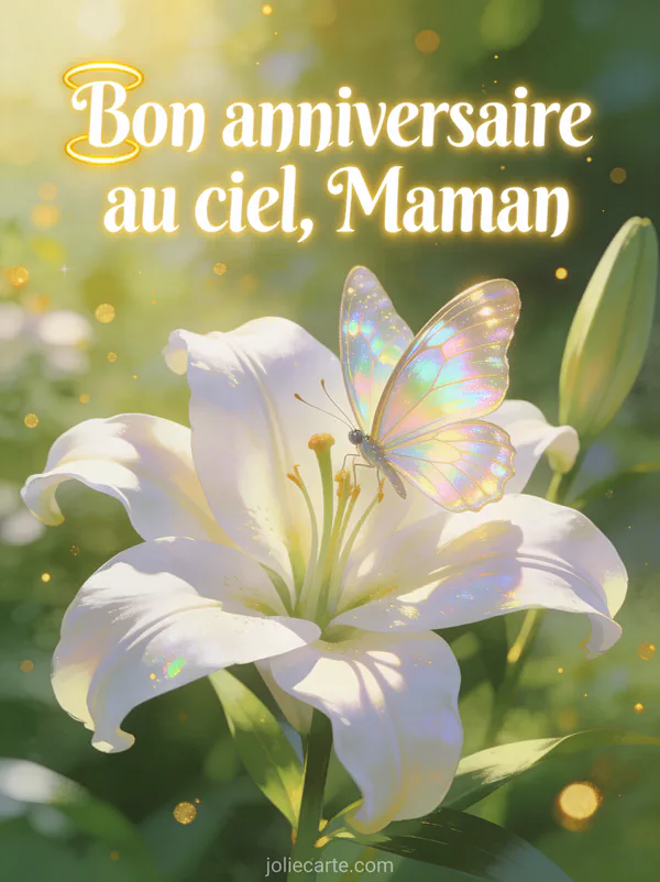 Papillon aux ailes irisées posé sur une fleur de lys blanche dans un rayon de soleil avec des particules dorées