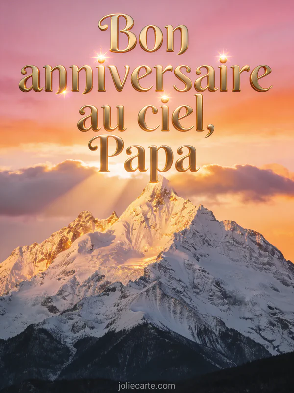 Paysage de montagne au lever du soleil avec une lumière dorée illuminant les sommets enneigés et des rayons perçant les nuages