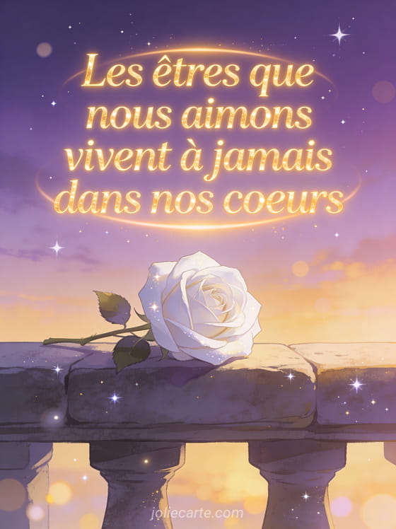 Rose blanche posée sur un rebord en pierre avec un ciel de crépuscule violet et doré et des étoiles naissantes