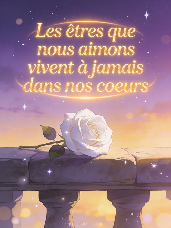 Rose blanche posée sur un rebord en pierre avec un ciel de crépuscule violet et doré et des étoiles naissantes
