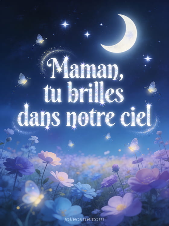 Ciel nocturne avec croissant de lune lumineux et étoiles brillantes au-dessus d'un champ de fleurs avec lucioles dansantes
