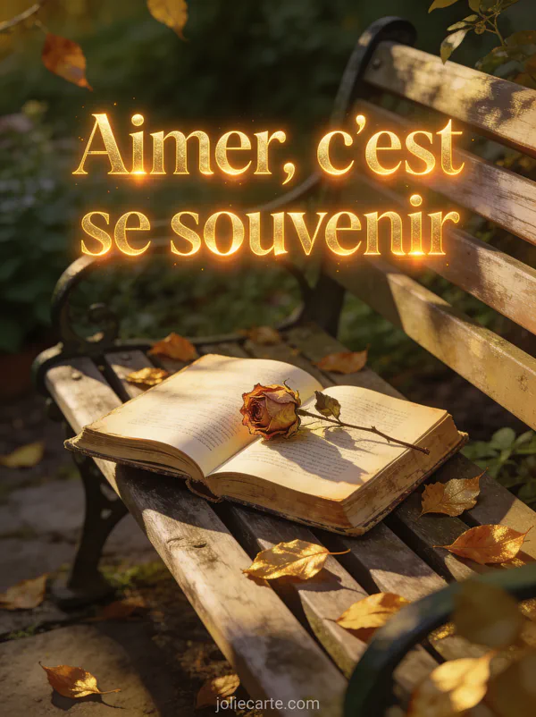 Vieux livre ouvert sur un banc de jardin avec une rose séchée entre les pages et des feuilles dorées tombées autour dans une lumière de fin de journée