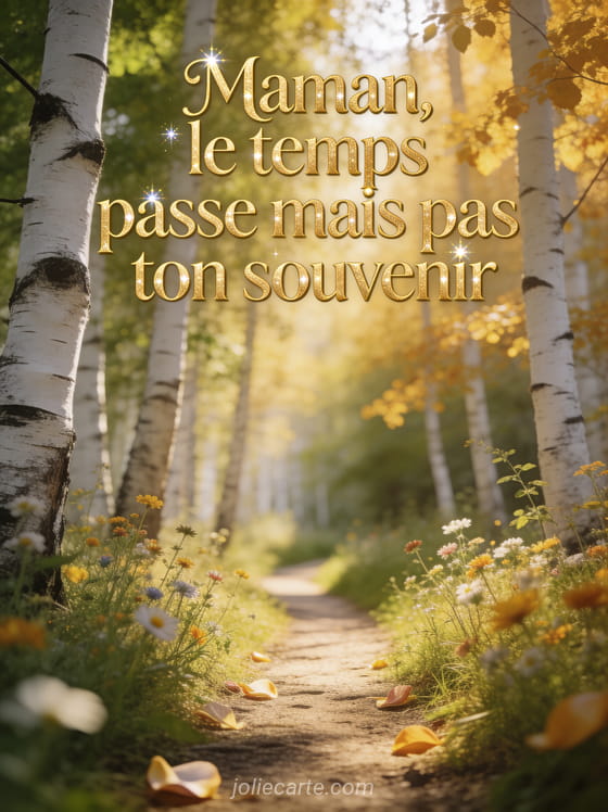 Sentier dans une forêt de bouleaux blancs avec lumière dorée filtrant à travers les feuilles et fleurs sauvages le long du chemin