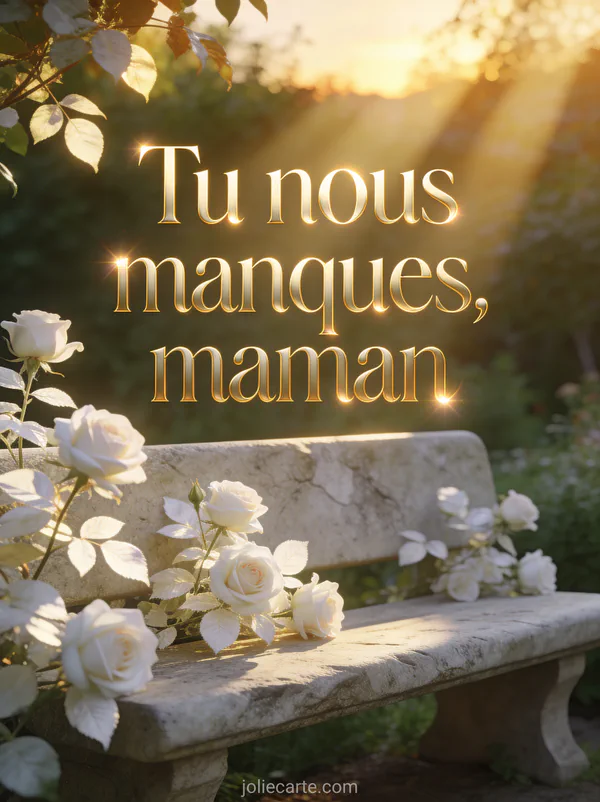 Jardin paisible au coucher du soleil avec des roses blanches sur un banc en pierre et des rayons de lumière dorée