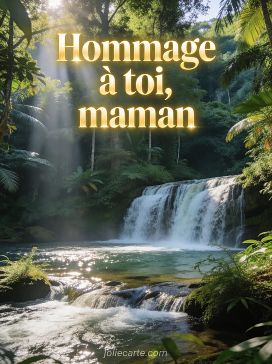 Cascade paisible dans une forêt tropicale avec végétation luxuriante et rayons de soleil traversant la canopée