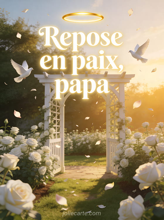 Jardin de roses blanches avec tonnelle en bois blanc et pétales tombant dans la lumière dorée du soleil couchant avec colombes blanches