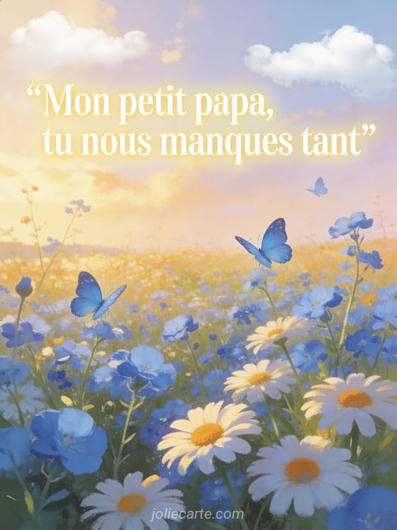 Champ de bleuets et marguerites sous une lumière dorée de fin d'après-midi avec des papillons bleus et un ciel doux aux nuages blancs