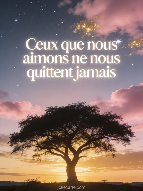 Ciel au crépuscule avec des étoiles naissantes et un arbre majestueux en silhouette dans des teintes roses et dorées