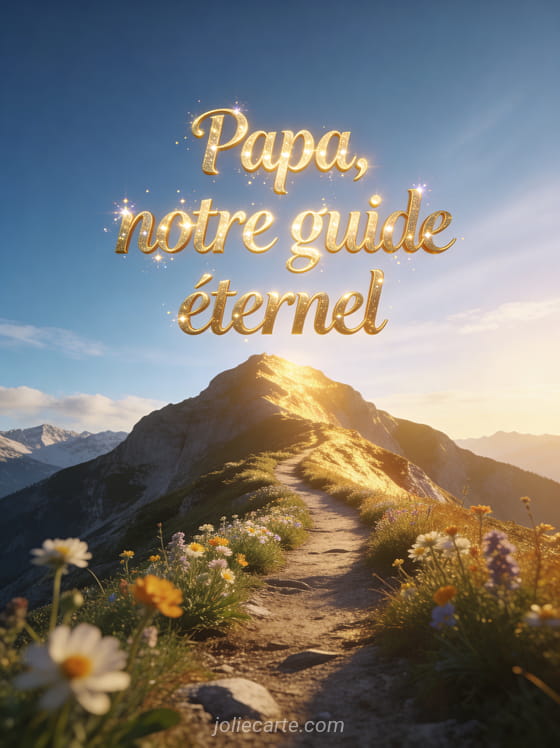 Sentier de montagne menant vers un sommet baigné de lumière dorée au lever du soleil avec des fleurs alpines le long du chemin