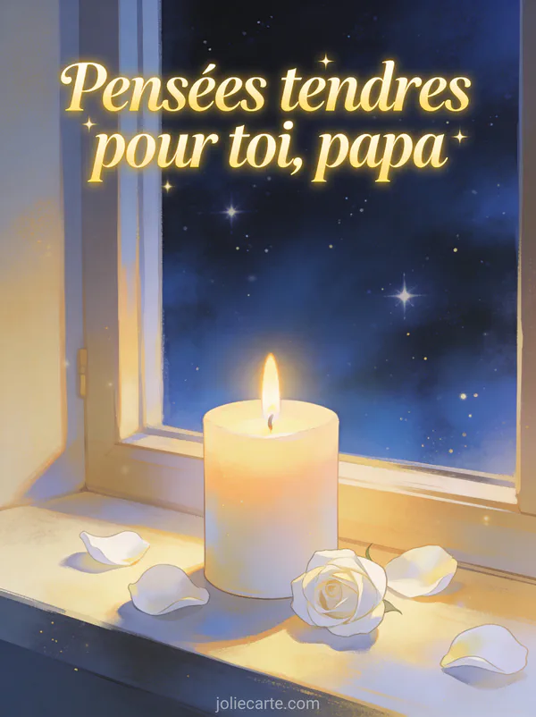 Bougie allumée sur un rebord de fenêtre avec un ciel étoilé et des pétales de rose blancs posés autour