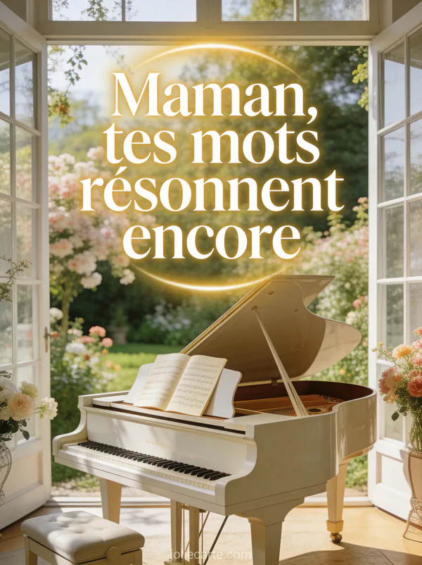 Piano à queue dans une pièce lumineuse avec grandes fenêtres ouvertes sur un jardin fleuri et lumière du matin avec partitions ouvertes