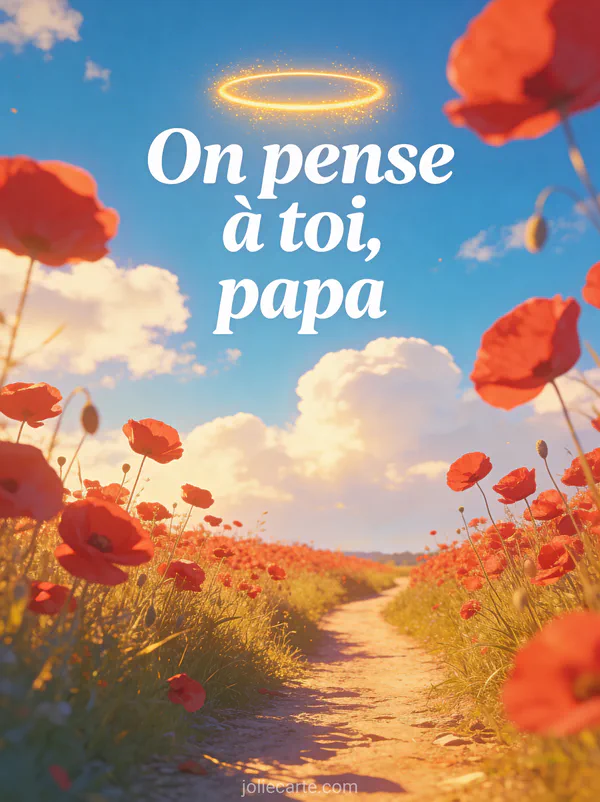 Chemin de campagne bordé de coquelicots rouges sous un ciel bleu lumineux avec des nuages blancs et une lumière chaude