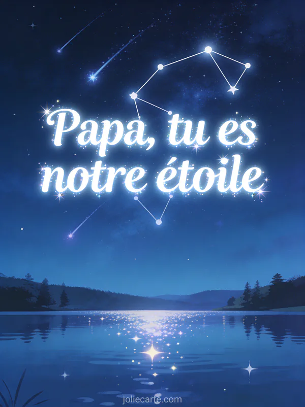 Ciel nocturne avec une constellation brillante et des étoiles filantes se reflétant sur un lac calme