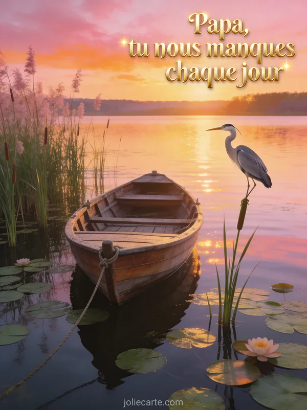 Barque en bois amarrée sur un lac calme au coucher du soleil avec roseaux et nénuphars et un héron qui se pose sous un ciel rose et doré