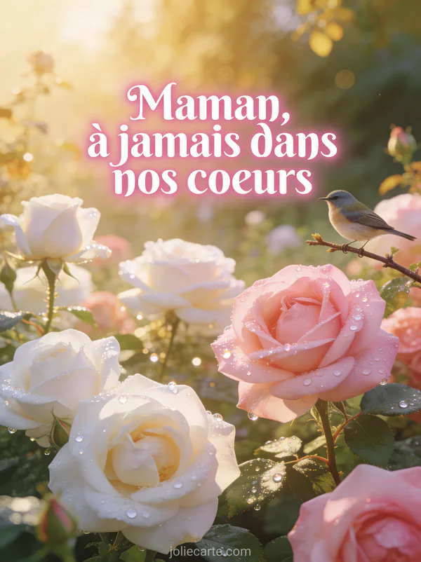 Jardin de roses blanches et roses sous une lumière matinale dorée avec des gouttes de rosée et un oiseau sur une branche