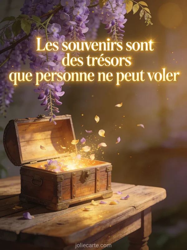 Coffret en bois ancien entrouvert d'où s'échappent des pétales de fleurs et une lumière dorée sous une glycine en fleurs