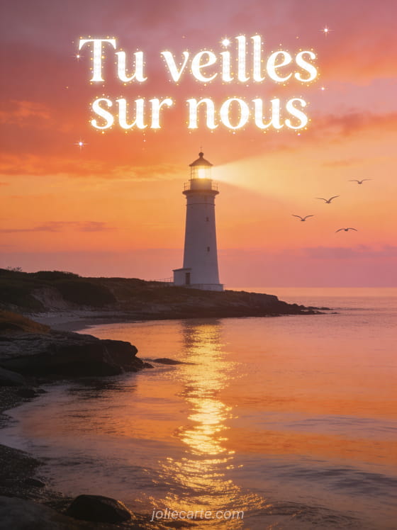 Phare qui brille dans un crépuscule aux couleurs chaudes avec la mer calme et des reflets dorés et des oiseaux au loin