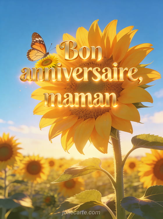 Champ de tournesols sous un ciel bleu avec une lumière dorée et un papillon posé sur un tournesol